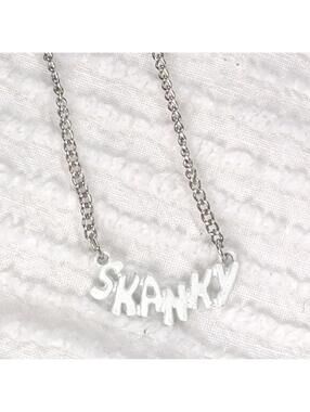 Vtg VALLEY GIRL Nameplate Necklace "SKANKY" 80s Slang Lingo Word Metal White